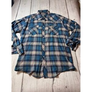 Outlaw Western Wear Shirt Mens Large Blue Plaid Pearl Snap Long Sleeve